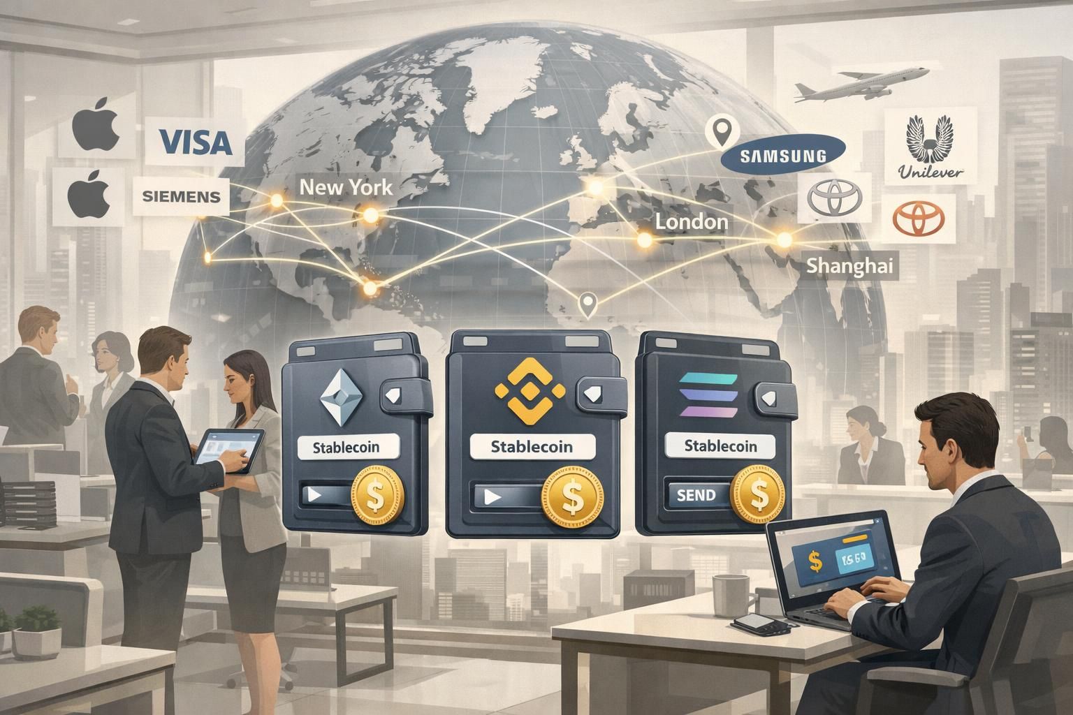 erfahren sie, wie unternehmen stablecoins nutzen, um internationale transaktionen schneller, sicherer und kostengünstiger abzuwickeln.